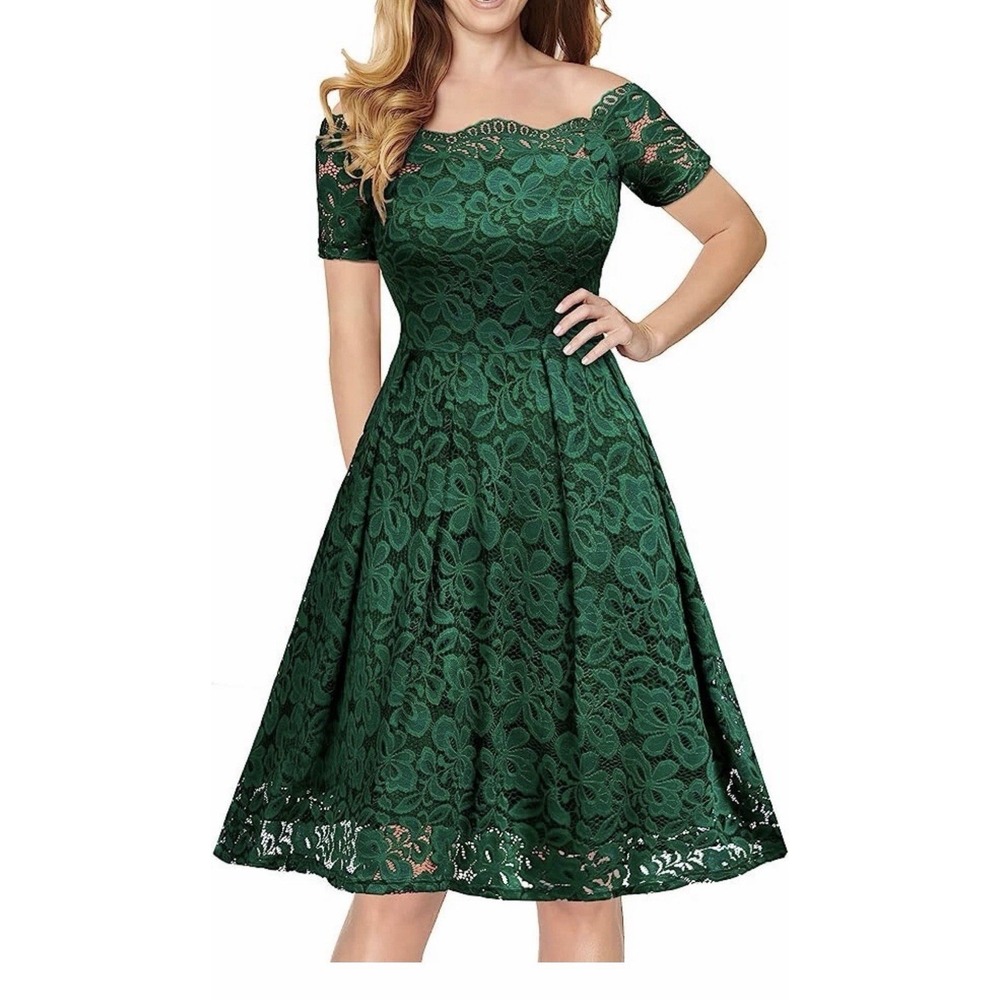 Missmy Women's‎ Green Lace Off Shoulder A Line Fit Flare Dress Size L Rockabilly